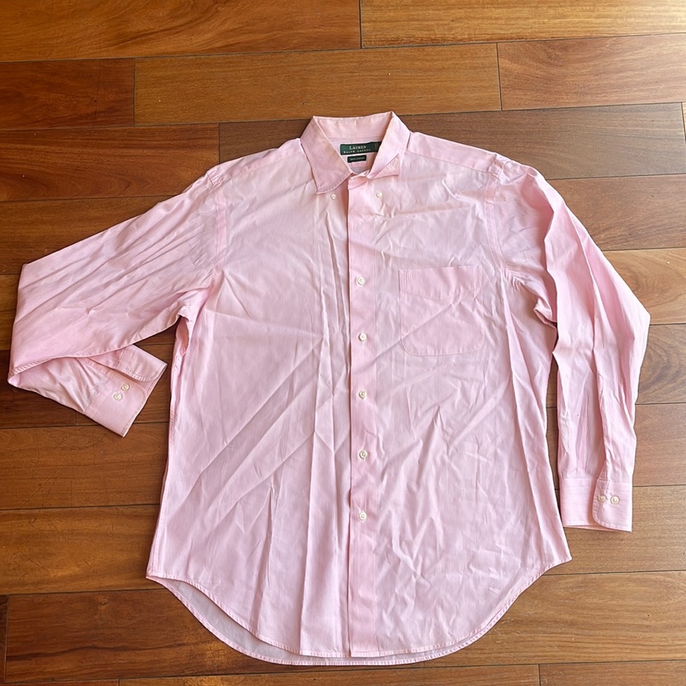 Ralph Lauren mens long sleeve pink & white pinstripe cotton button down shirt